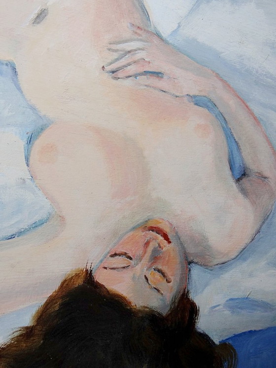 Image 1 of Naakt schilderij van een slapende vrouw, moderne olieverf op paneel, vintage