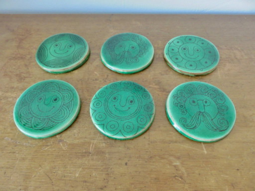Series of 6 green crackled ceramic coasters, 60's 70's