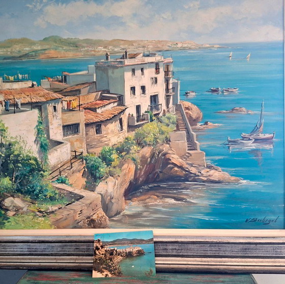 Image 1 of V. Berbegal. Oil on canvas painting + Ibiza postcard, artist reference - ca. 1980. Decoration