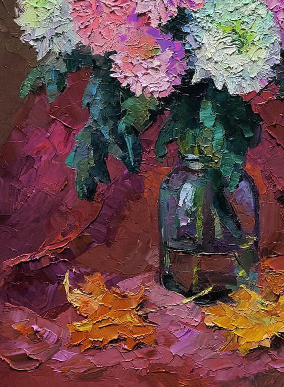 Original Oil Painting Autumn Floral Still Life Bouquet of Chrysanthemums – Paintings & Drawings, Canvas (photo 6 of 7)