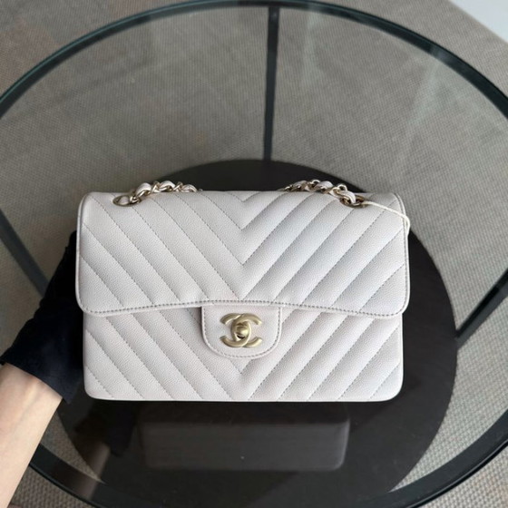 Image 1 of Chanel Classic Flap Small - Caviar 23CM Chevron Cream White Gold Hardware Series 26