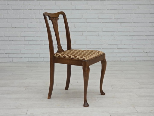 1930s, set of 6 Danish vintage chairs, furniture velour, oak wood, reupholstered.