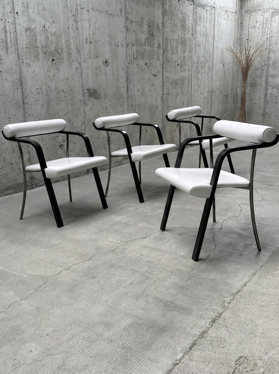 Image 1 of 4x DINING ROOM CHAIRS ITALY LEATHER WHITE WOOD BLACK METAL 1980s