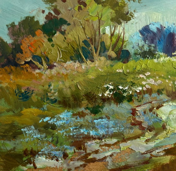 Image 1 of Origineel olieverfschilderij: Landschap met zomerhuisje - Rust op het platteland in de zomer