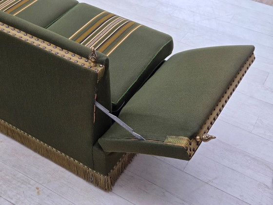 1970s, Danish 2-seater drop arm "Spanish" sofa, furniture wool. – 2 seaters, Wood (photo 14 of 20)