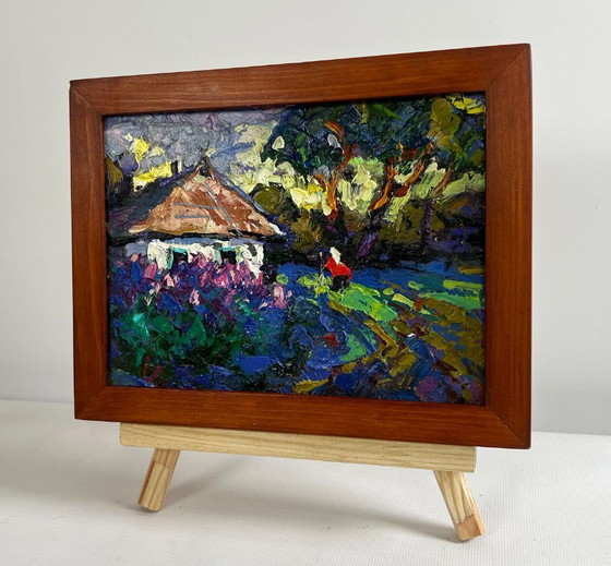 Image 1 of Original Oil Painting Summer Village Landscape In the evening I watch the lilacs