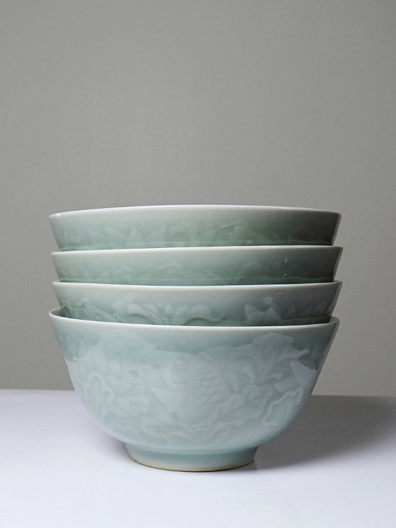 Image 1 of 4 Vintage celadon porcelain Chinese rice bowls from the 1970s-80s with koi carp reliefs
