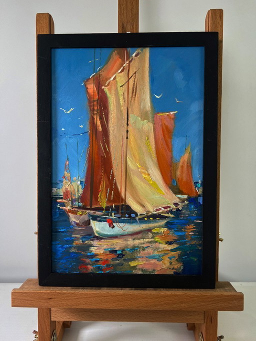 Original Oil Painting Summer Sea Landscape Sail full of wind