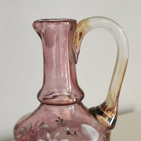 Image 1 of Antieke Franse Art Nouveau likeurset van roze iriserend glas, ca. 1900.