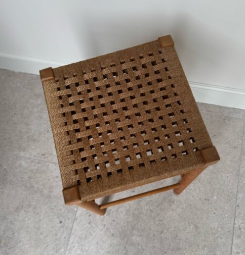 Image 1 of 1x Scandinavian Stool With Double Woven Rope Seat 1970s