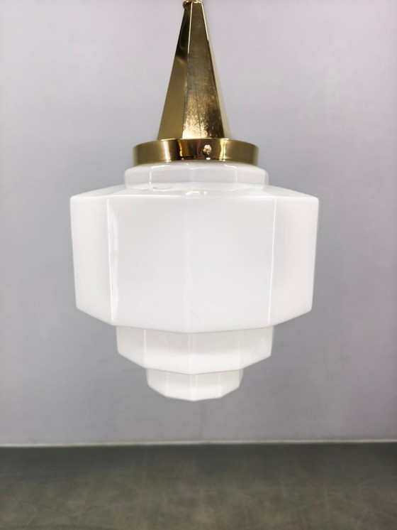 Image 1 of Art Deco Brass Pendant with Geometric Opaline Glass, Czechoslovakia 1930s