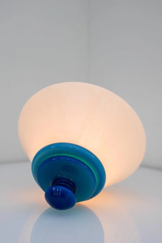 Image 1 of Suspension Art déco scandinave en verre opalin avec détails bleu azur, années 1930
