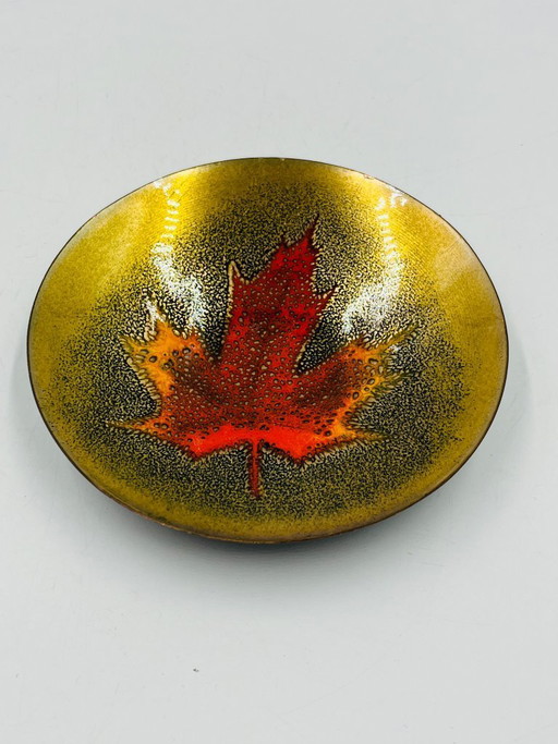 Enamelled leaf trinket tray signed Jules Perrier, artisan from Quebec