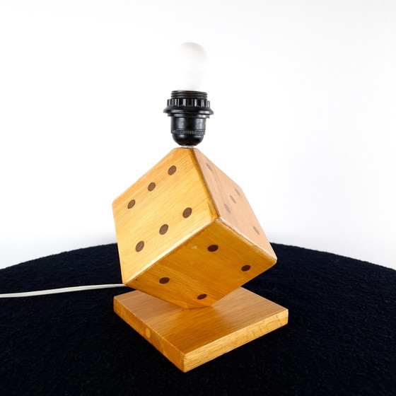 Image 1 of Vintage wooden dice lamp base with pleated shade, 1970s