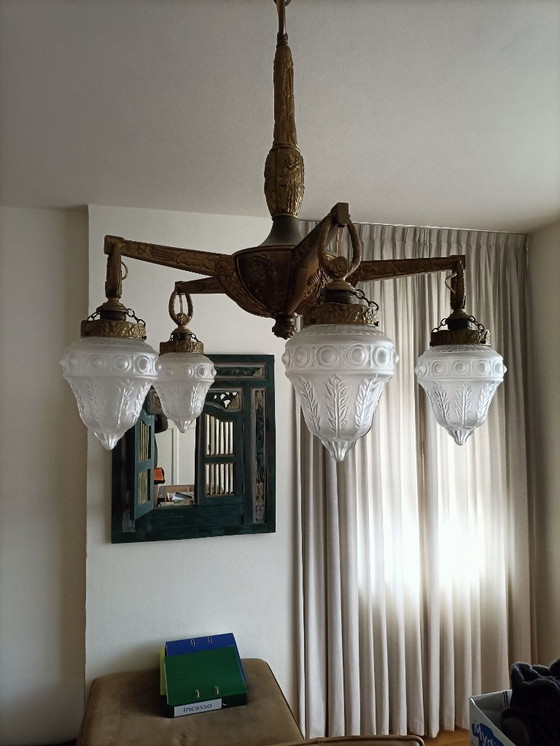 Image 1 of Lámpara de araña de bronce – estilo Art Nouveau – pesada y elegante