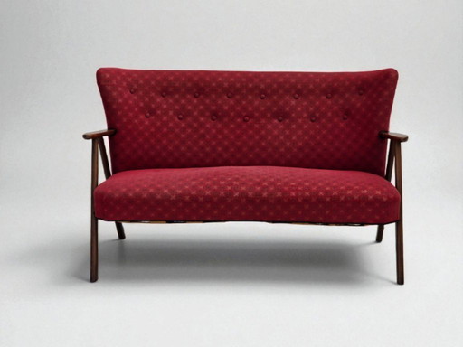 1960s, Danish 2-seater sofa, red furniture fabric, beech wood legs and armrests.