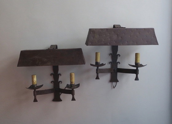 Image 1 of Pair of Mid-Century Brutalist Patinated Iron Wall Lights, 1950s-60s