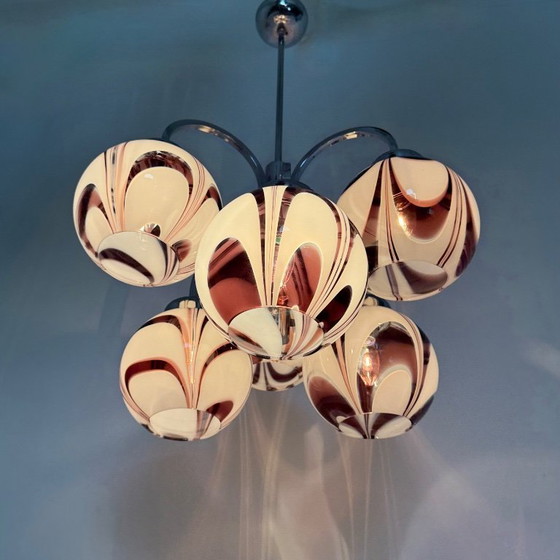 Image 1 of XL Italian purple and white murano glass swirl chandelier , 1970s