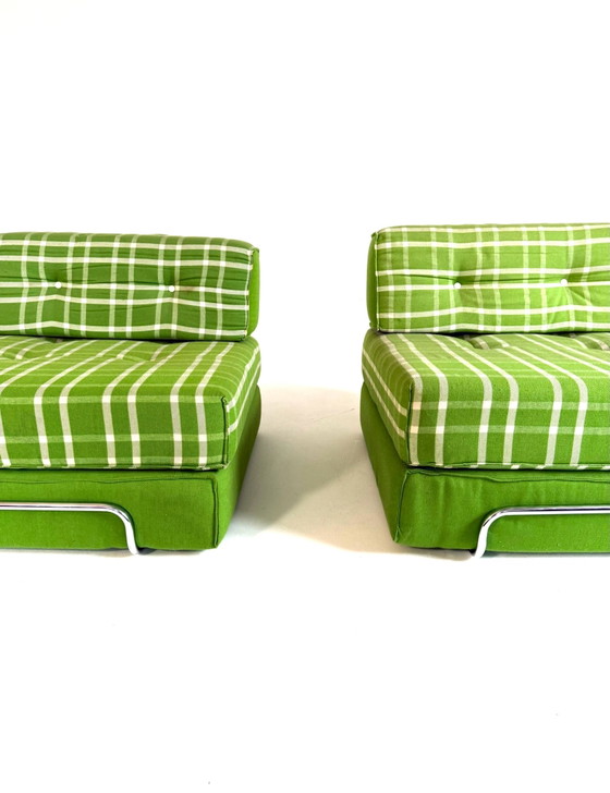 Set of 2 vintage convertible armchairs, Germany '80s, Chrome, Textile, Green (photo 4 of 14)