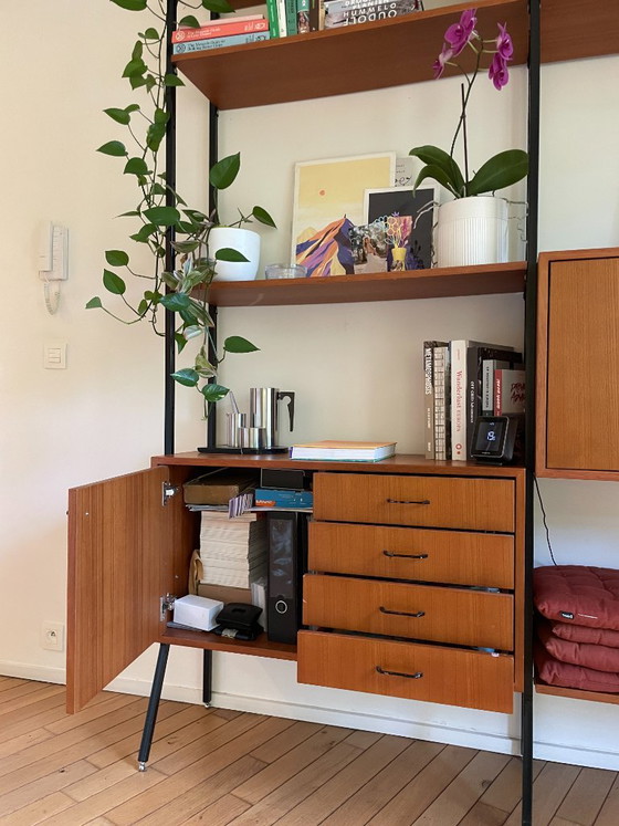 Mobile a parete vintage in teak con contenitore e bar Furnified, Scaffali a muro, Legno, Metallo, Marrone (foto 3 di 15)