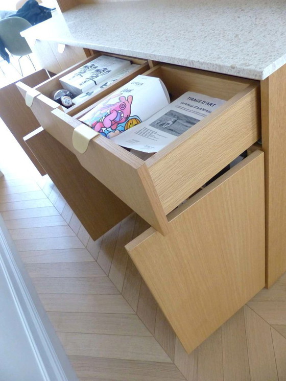 Image 1 of Moderne Bar aus massiver Eiche und doppelter Terrazzo-Arbeitsplatte – Einzigartiges Stück