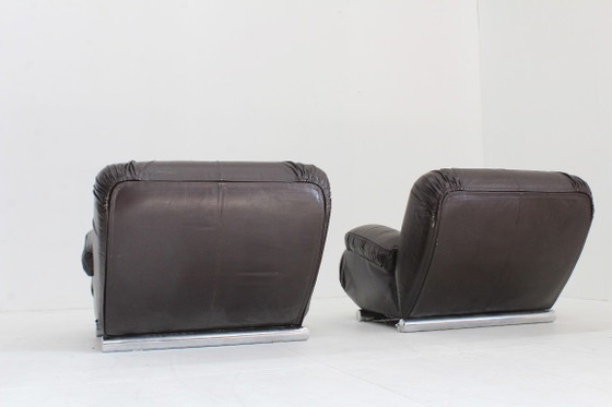Giuseppe Munari Lounge Chairs Brown Leather 1970s, Italy Set Of 2 – Fauteuils (photo 4 of 9)