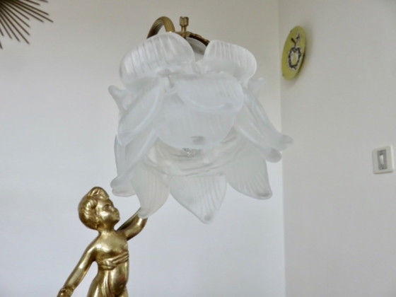 Image 1 of coppia di lampade art nouveau "cherubini" in bronzo e vetro satinato