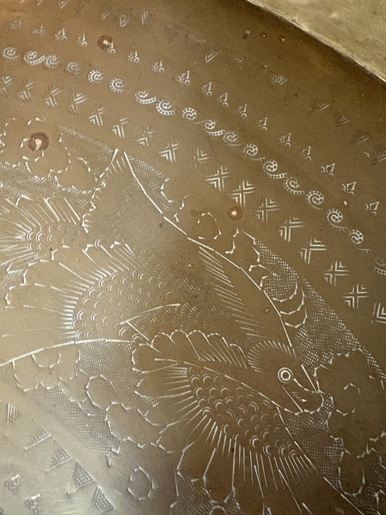 Image 1 of Oriental vintage round coffee table with walnut base and brass tray, 1970s