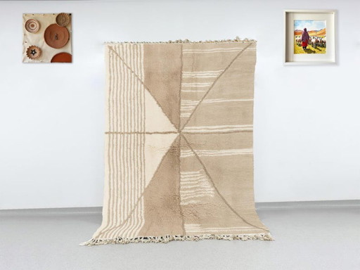 Alfombra marroquí abstracta moderna, alfombra Beni Ourain de lana color crema beige, 3x2 m.