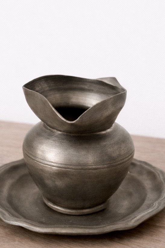 Image 1 of Small antique pewter pitcher with handle – Pitcher and tray set – Antique tableware