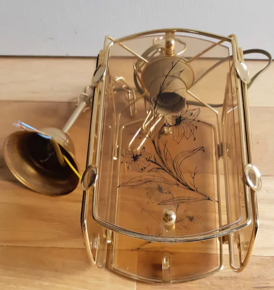 Image 1 of Prachtige Vintage Glas en Goud Metalen Hanglamp