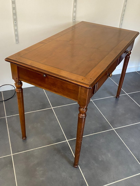 Image 1 of Bureau ancien merisier et marqueterie 2 tiroirs et 2 tablettes 112x60 h76cm