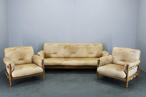 1960s Oak Scandinavian Living Room Set of Sofa and Armchairs in Fine Leather Upholstery