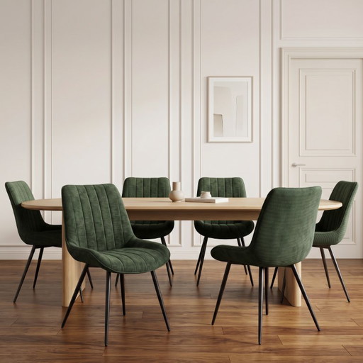 Set di 6 Sedie da Pranzo Imbottite Verde Bosco, tessuto ciniglia di alta qualità con cuciture a coste, gambe in metallo nero