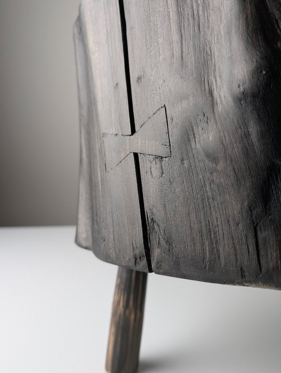 Image 1 of Black Ebonized Wabi-Sabi Wood Stool with Butterfly Joints