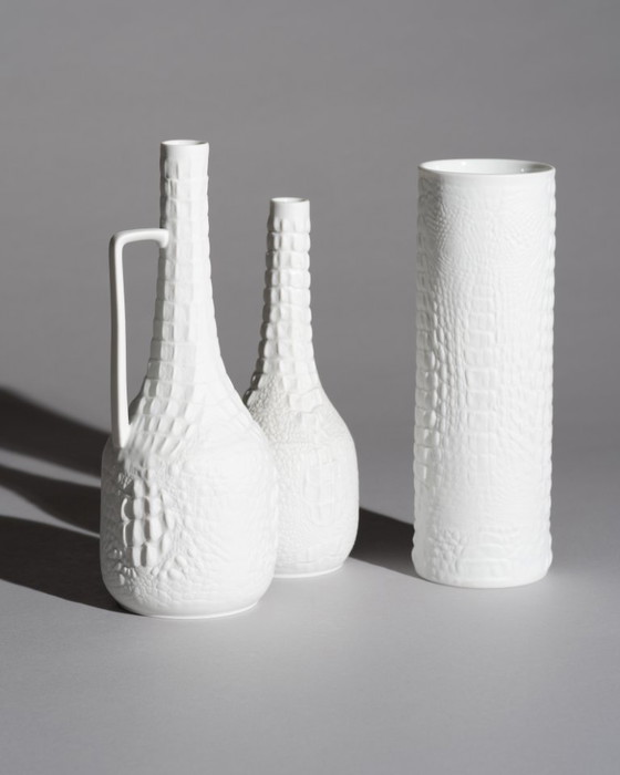 Image 1 of AK Kaiser Biscuit Porcelain Reptile Crocodile Vase Trio Manfred Frey Germany 70s