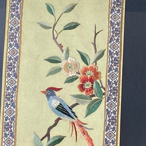 Antique Silk Embroidery Painting of a Bird and Flowers