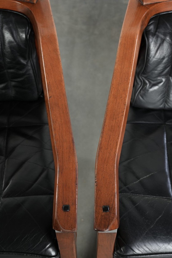 Image 1 of Ensemble de 4 chaises de salle à manger de luxe en cuir noir, design Art déco, par Schuitema