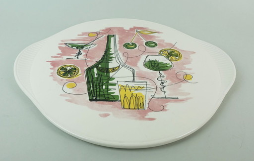 1950s mid century CAKE PLATE with beautiful cocktail and bar decor grünstadt-keramik