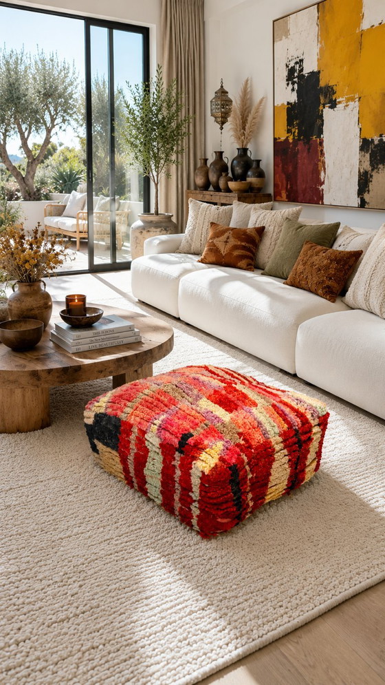 Pouf Berbero Marocchino Multicolore in Lana Fatto a Mano – 60 × 60 cm – Cuscini, Wool (photo 2 of 7)
