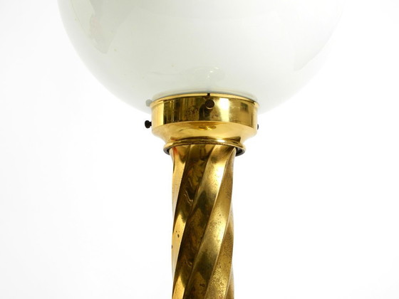 Image 1 of Large 1960s brass column-style table lamp with frosted glass globe