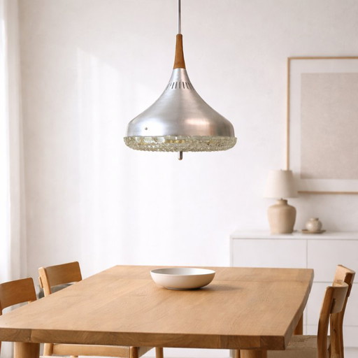 Scandinavian Mid Century Modern Chromed Aluminium Hanging Light with Wooden Accent, 1970s