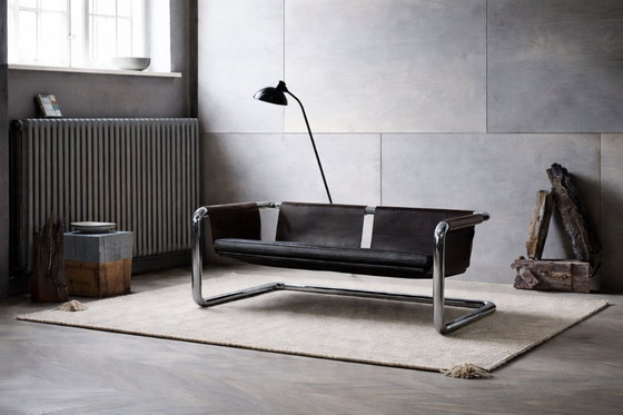 Image 1 of Vintage Brutalistische Buisvormige Metalen en Lederen Bauhaus Minimalistische Sofa 1950