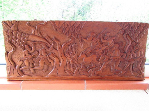 Panneau Bas Relief en Bois Sculpté, Afrique, 1970s
