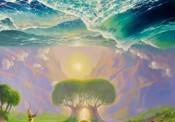 Original Oil Painting Nature Landscape Fantasy Animals Creation of the World – Paintings & Drawings, Canvas (photo 8 of 8)