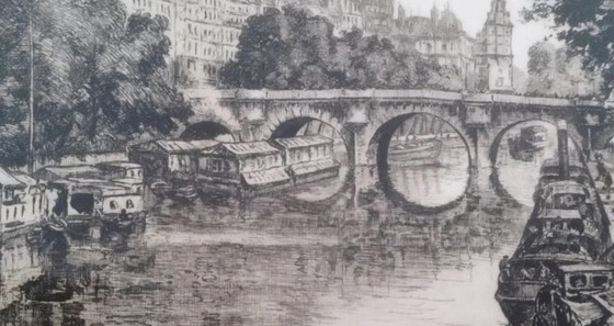 Originele ets van Aimé Edmond Dallemagne, getiteld Gezicht op de Seine – Litho's & Zeefdrukken, Paper (photo 8 of 10)