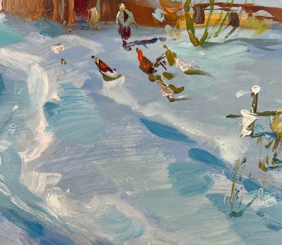 Image 1 of Original Oil Painting Winter Houses Landscape Winter comfort