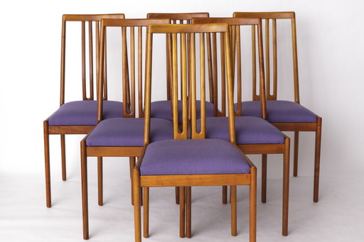 Ensemble de 8 chaises vintage par Lübke - 1960-70s Bois de hêtre et tapisserie textile violette