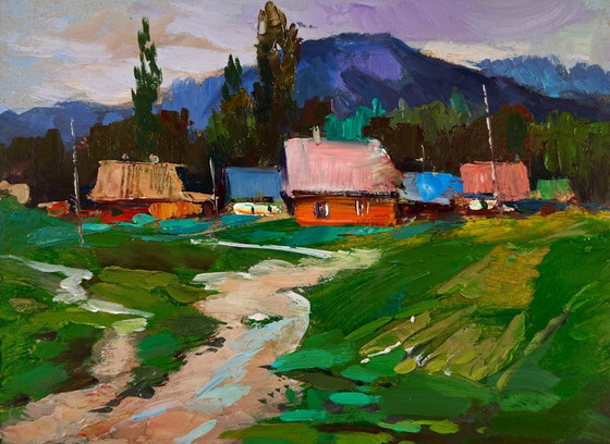 Image 1 of Original Oil Painting Rural Evening Landscape A Quiet Village Spread Over The Hills