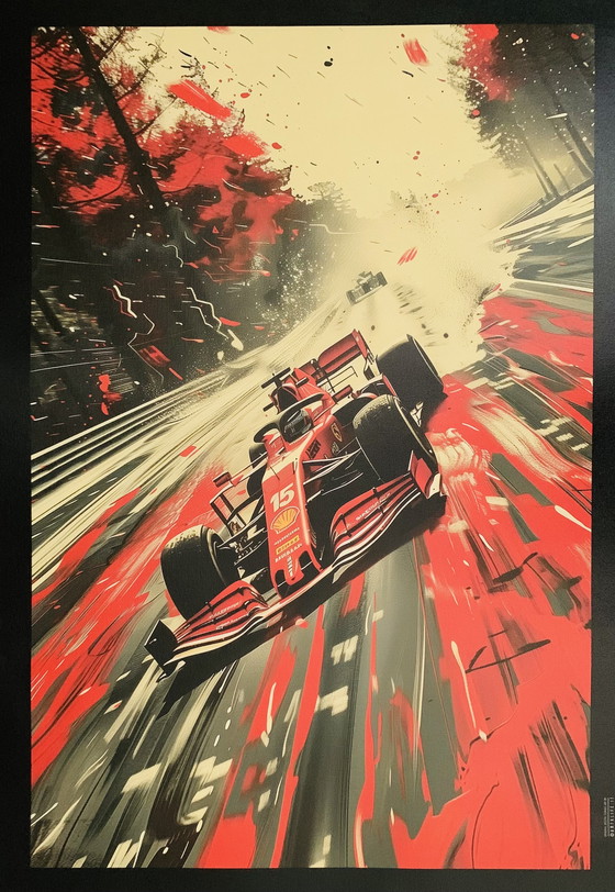 Image 1 of Ferrari, sur le circuit de Monza. Signé dans la plaque.